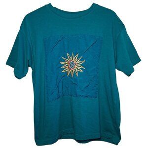 Vintage 1990s Bold Spirit Shirt Women Medium Turquoise Gold Sun Patch Celestial